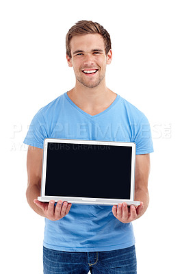 Buy stock photo Man, portrait and laptop with screen in studio for social media advertisement, internet announcement and happy. Mockup space, person and technology for website marketing and smile on white background