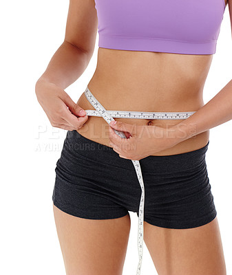 Buy stock photo Health, exercise and woman with measuring tape for waist, weight goal with diet and fitness on white background. Stomach, body and wellness, check progress for weightloss and measurement in studio