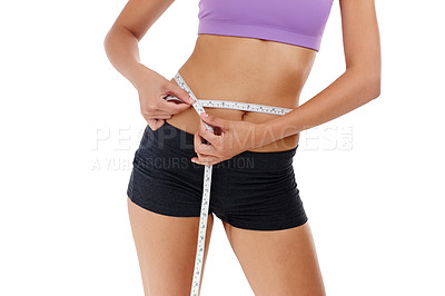 Buy stock photo Health, fitness and woman with measuring tape for waist, weight goal with diet and exercise on white background. Stomach, body and wellness, check progress for weightloss and measurement in studio