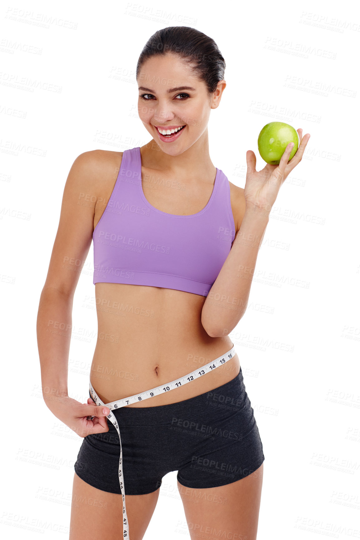 Buy stock photo Woman, portrait and measuring tape with apple for diet, healthy food or snack for weight loss on white background. Body, self care and fruit for detox, happy with progress and nutrition in studio