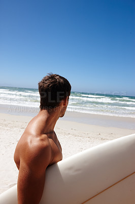 Buy stock photo Man, beach and surfboard for surfing or rear view with tide check, adventure and fitness with blue sky. Tourist, person and surfer by ocean in morning for holiday, vacation and freedom in California