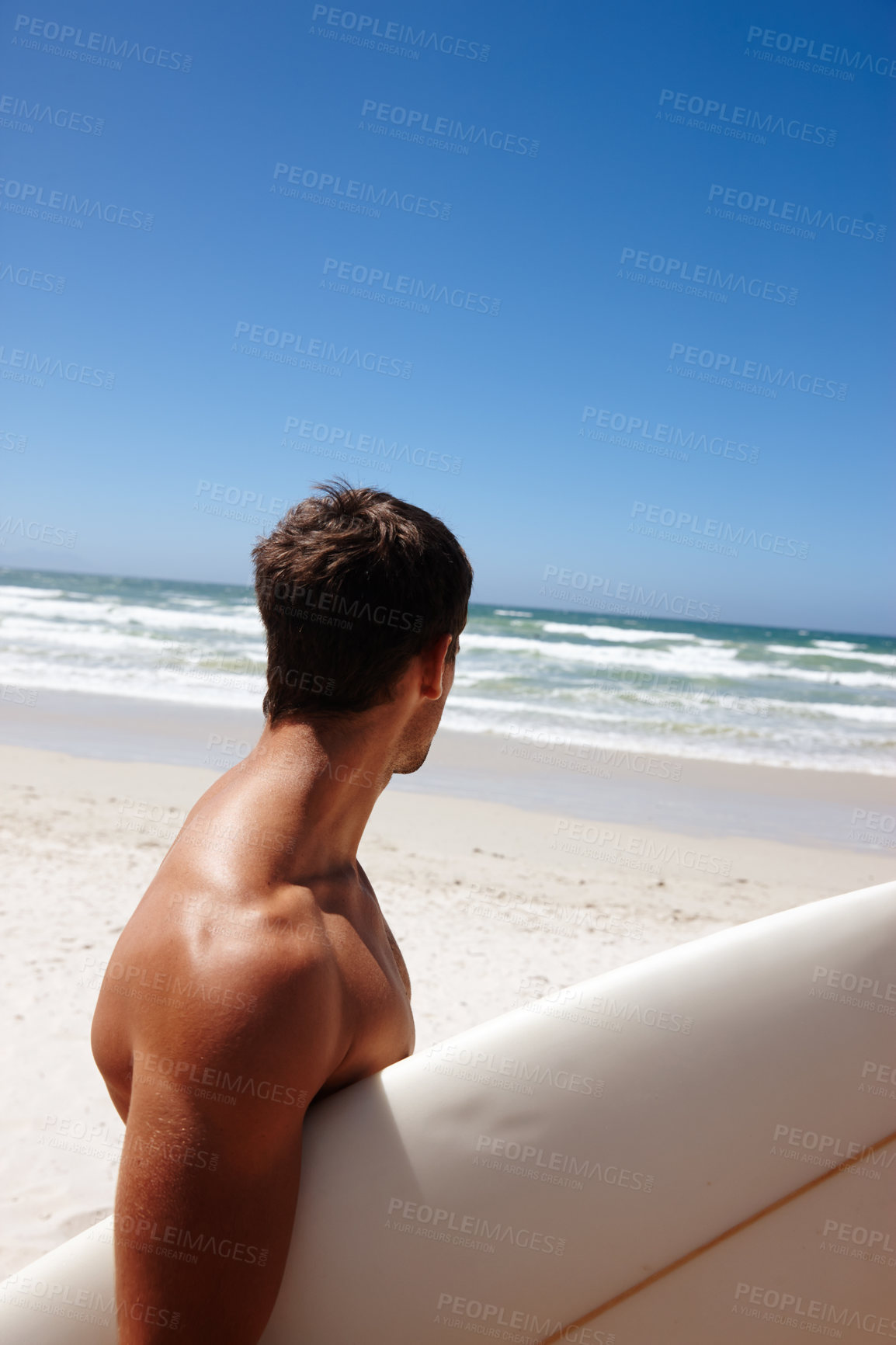 Buy stock photo Man, beach and surfboard for surfing or rear view with tide check, adventure and fitness with blue sky. Tourist, person and surfer by ocean in morning for holiday, vacation and freedom in California