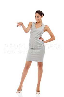 Buy stock photo Business woman, portrait and pointing hand to mockup for advertising, announcement and news. Attorney, employee and professional with smile showing offer and notification with white background