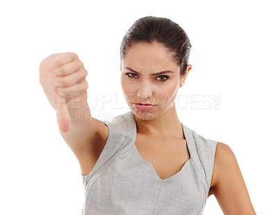 Buy stock photo Thumbs down, sad and portrait of business woman with opinion, negative and no hand gesture. Studio, frown and professional with bad review, vote and fail emoji sign with white background and dislike