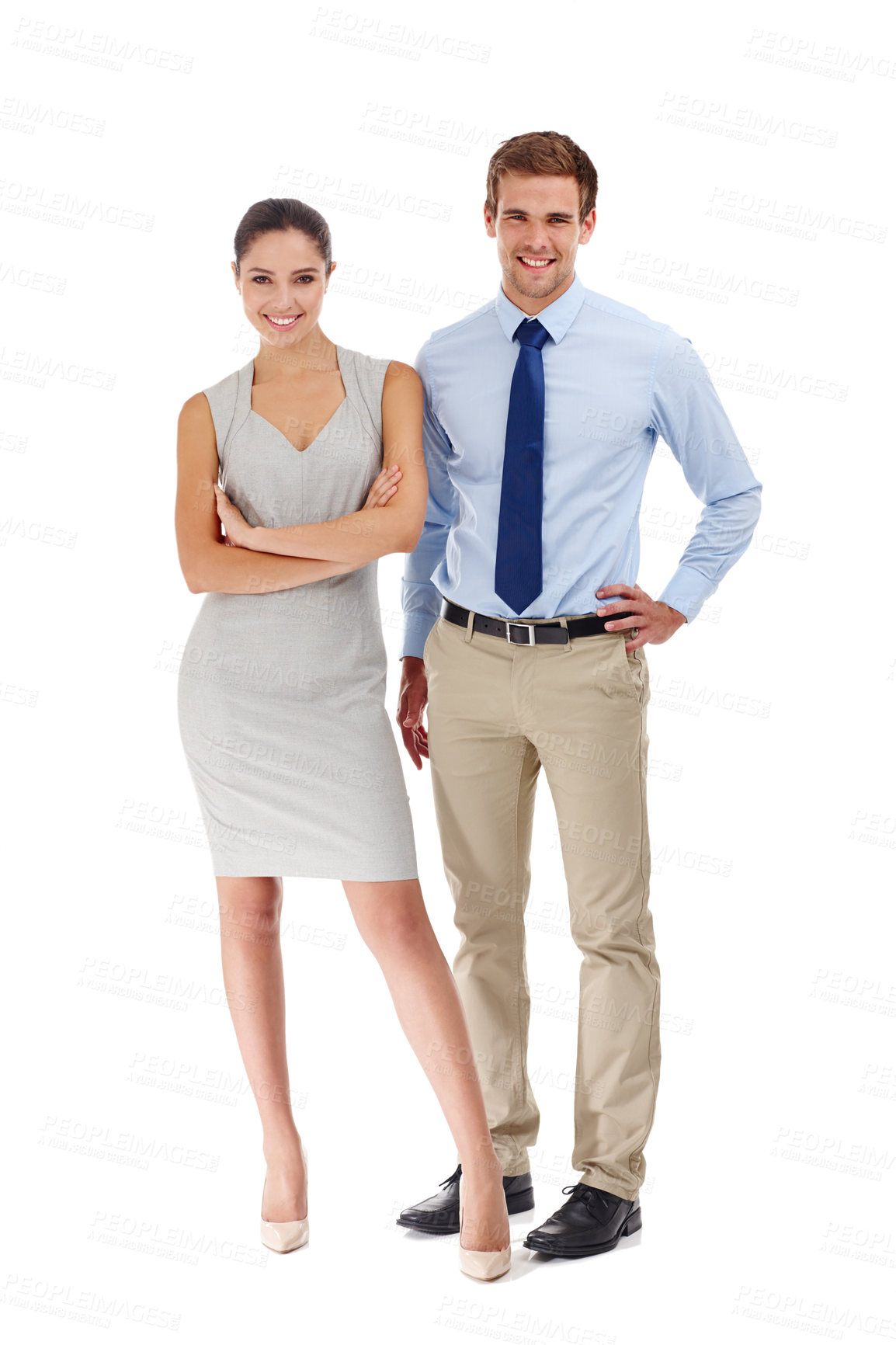 Buy stock photo Shot of two professional associates standing together in a studio-isolated on white 