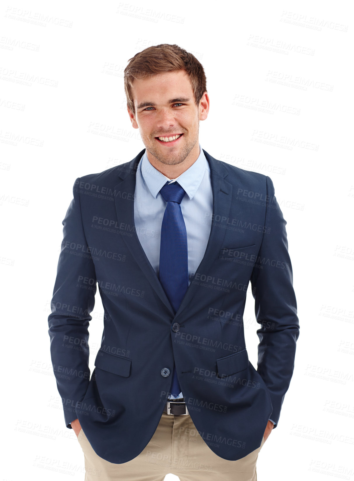 Buy stock photo Cropped shot of a man standing in a studio with his hands in his pants pockets-isolated on white 