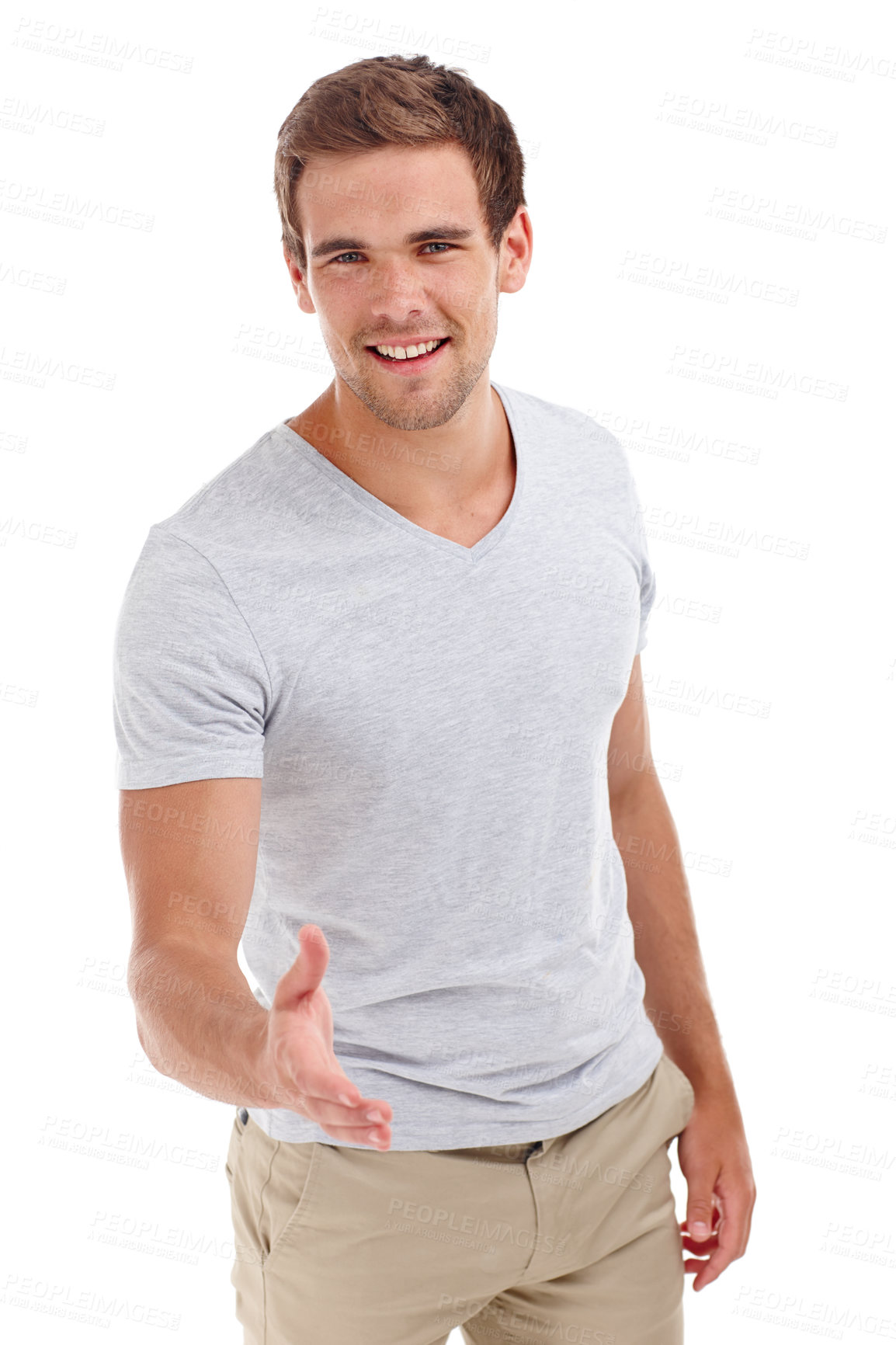 Buy stock photo Handshake, portrait and man with agreement for support, welcome or congratulations for partnership on white background. Introduction, hello and shaking hands for thank you, networking and opportunity