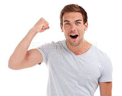 Buy stock photo Winner, fist pump and portrait of man on a white background for winning, good news and success. Confidence, excited and face of isolated person with flex for bonus, celebration and surprise in studio