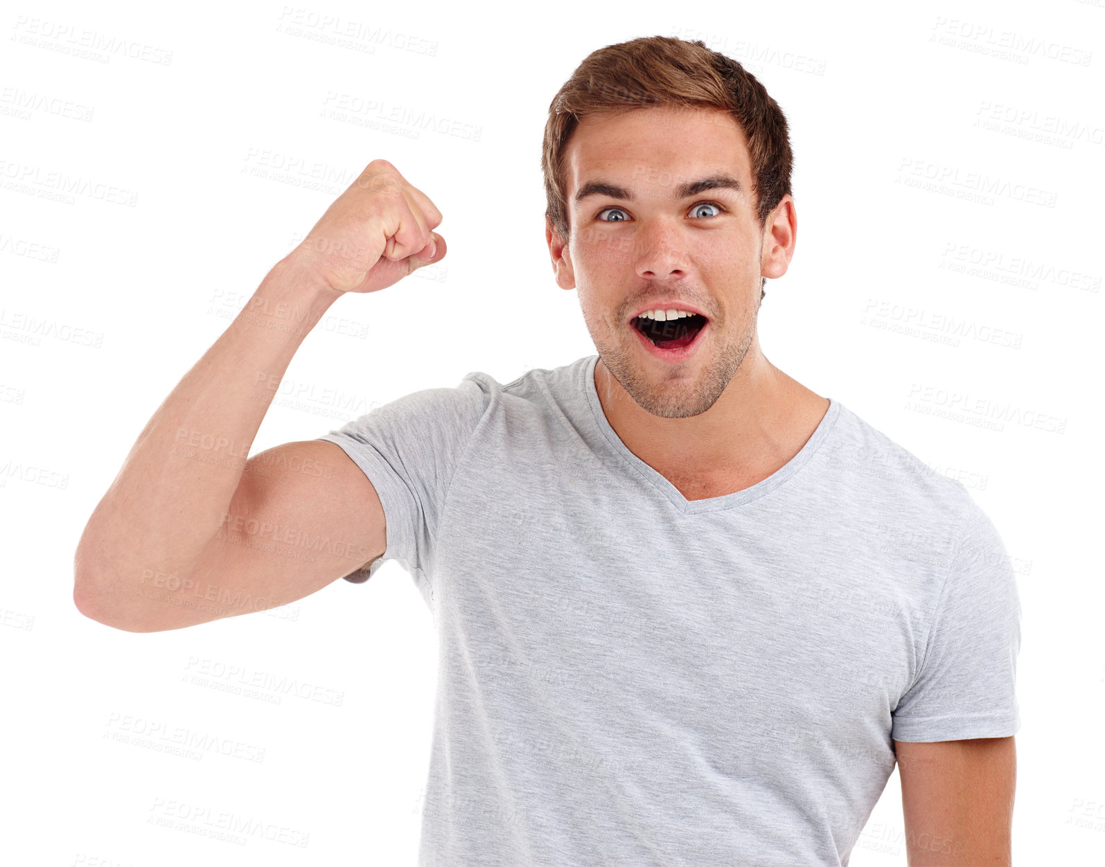 Buy stock photo Winner, fist pump and portrait of man on a white background for winning, good news and success. Confidence, excited and face of isolated person with flex for bonus, celebration and surprise in studio