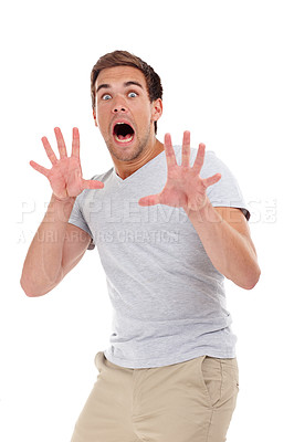 Buy stock photo Shocked, scared and portrait of man on a white background for surprise, horror and fear reaction. Shouting, screaming and isolated person with hand gesture for terror, anxiety and afraid in studio