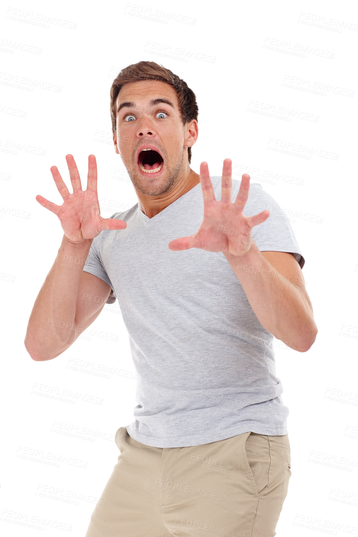 Buy stock photo Shocked, scared and portrait of man on a white background for surprise, horror and fear reaction. Shouting, screaming and isolated person with hand gesture for terror, anxiety and afraid in studio