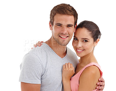 Buy stock photo Couple, portrait and smile with embrace in studio for healthy relationship, anniversary date and summer holiday. Mockup, man and woman with hug, happiness and affection on trip on white background