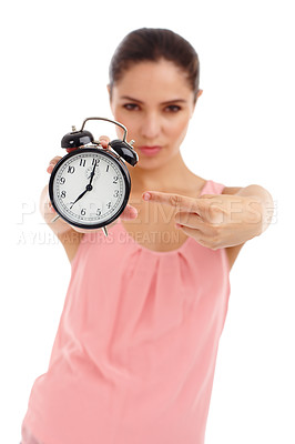 Buy stock photo Clock, pointing and portrait of woman on a white background for time management, wake up or alarm. Serious, hand gesture and isolated person with watch for schedule, appointment and meeting in studio