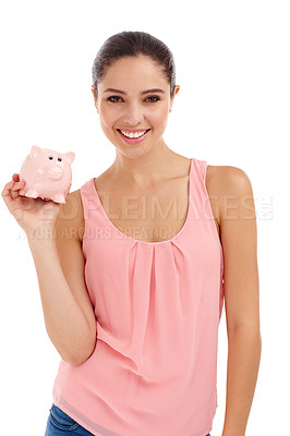 Buy stock photo Shot of a gorgeous young woman holding a piggy bank in a studio-isolated on white 