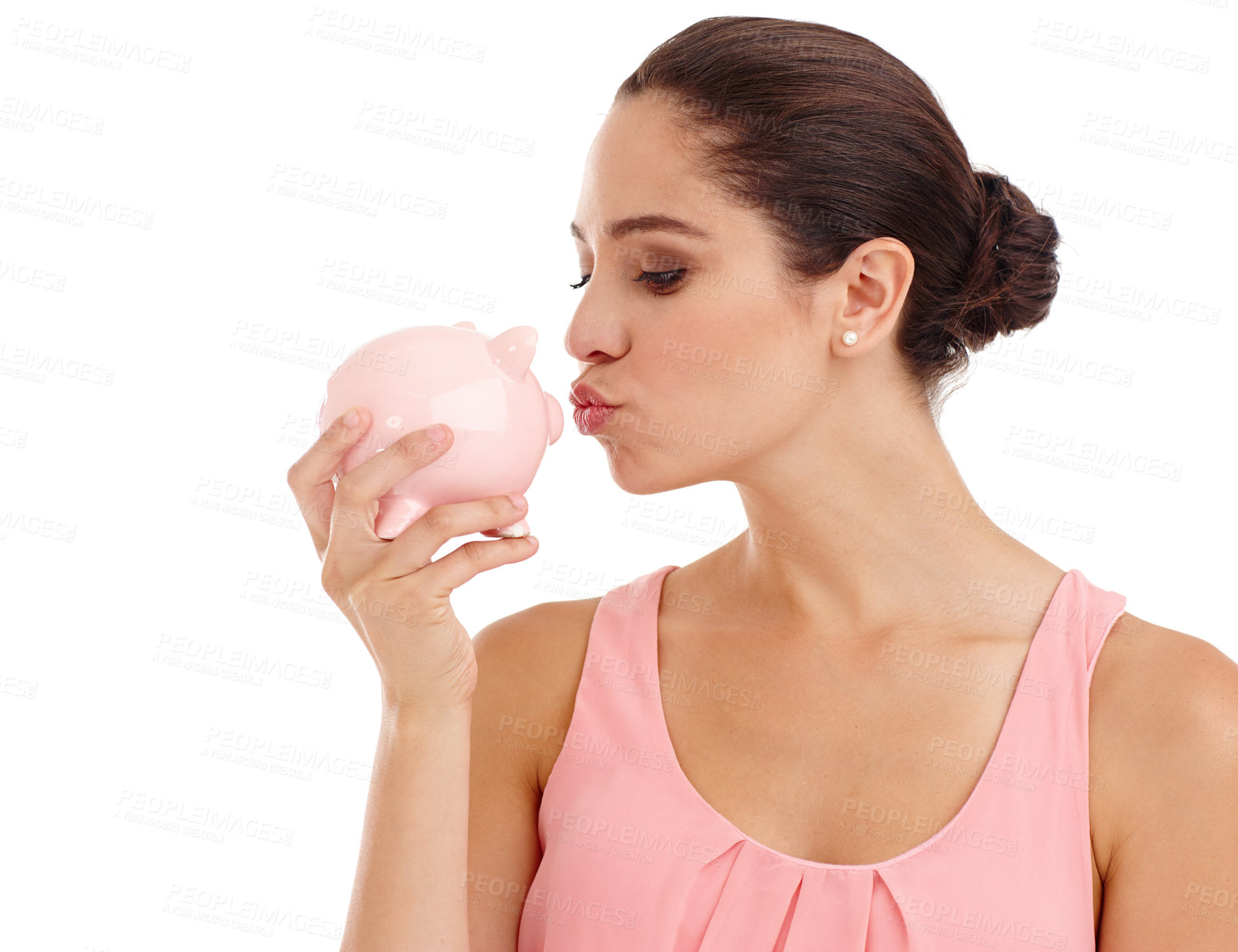 Buy stock photo Kiss, piggy bank and woman in studio for budget, finance or investment safety. Face, container or person with money box for savings, income or security of future profit isolated on a white background