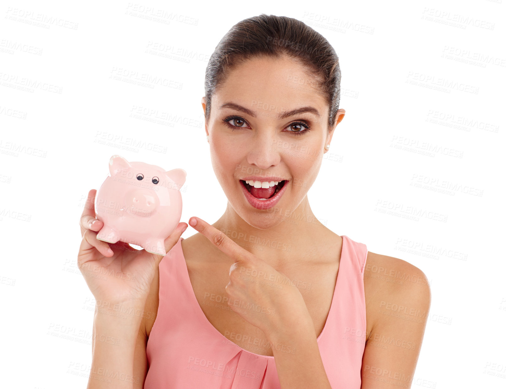 Buy stock photo Portrait, woman and pointing at piggy bank in studio for budget, finance or investment. Face, excited or person with money box for savings, income or security of profit isolated on a white background