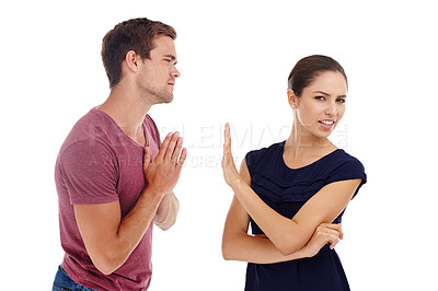 Buy stock photo Divorce, fight and couple in studio with sorry hands for cheating, liar or mistake on white background. Marriage, conflict and people argue with stop palm for frustrated woman with rejection sign