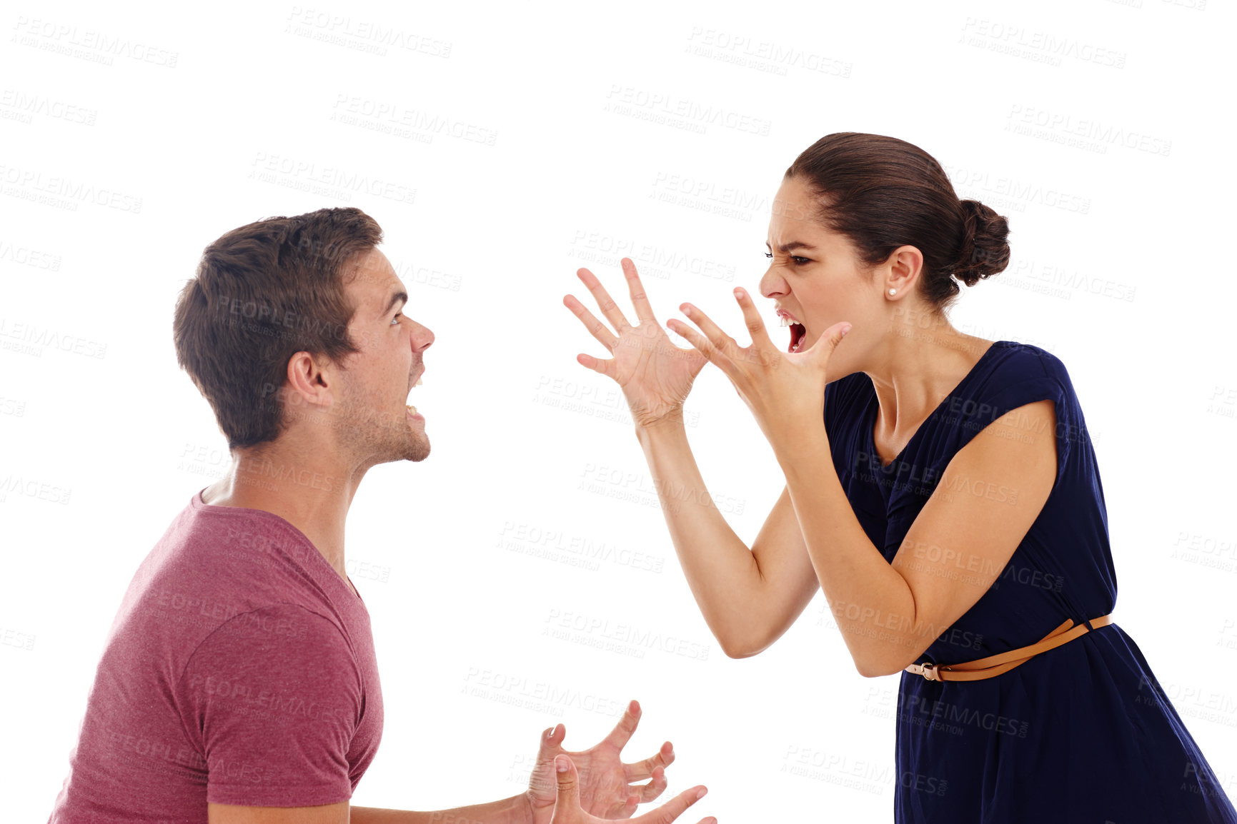 Buy stock photo Divorce, fight and angry couple screaming in studio for cheating, liar or mistake on white background. Marriage, conflict and frustrated people argue with stress, anxiety or hate, blame and jealousy