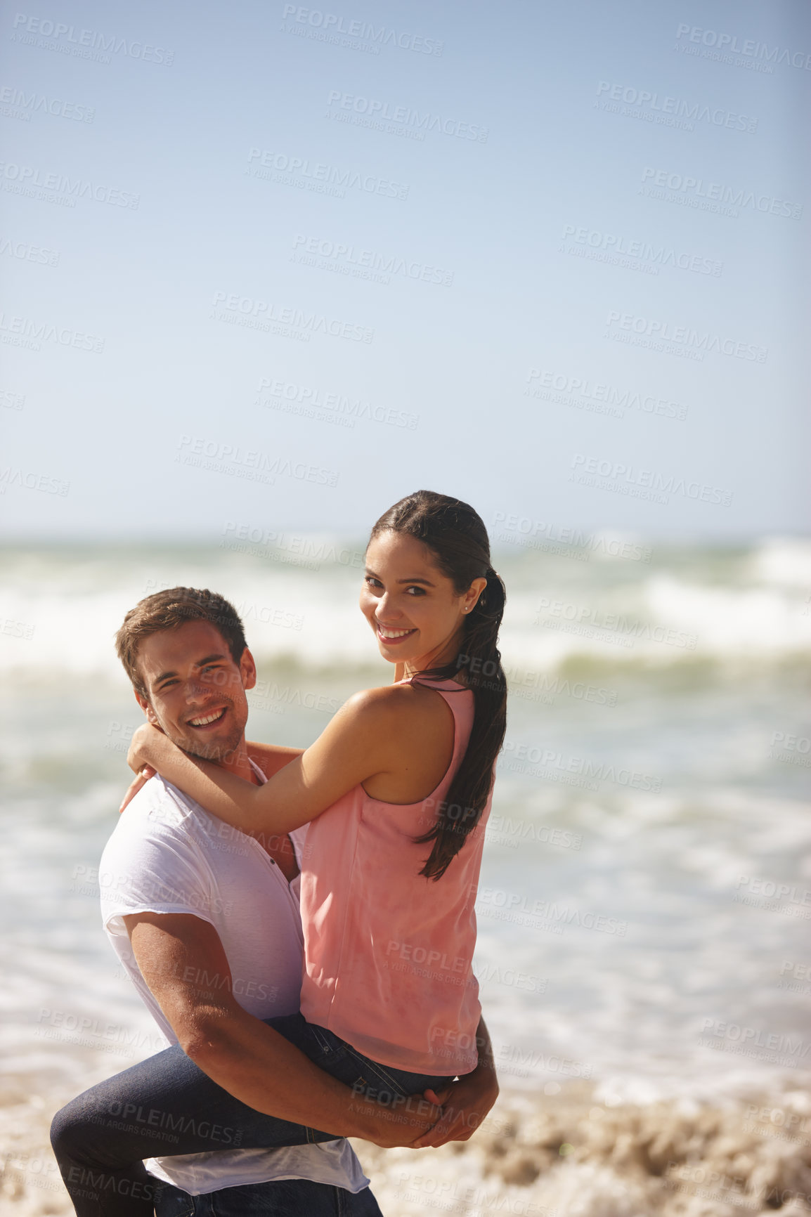 Buy stock photo Ocean, couple and man lift woman, travel and freedom at beach for bonding and anniversary date in nature. Happy, partner and commitment with view, affection and playful outdoor for love and fun