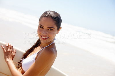 Buy stock photo Woman, beach and surfboard for surfing or portrait with bikini, adventure and fitness with blue sky. Tourist, person and surfer by ocean in morning for holiday, vacation or mockup space in California