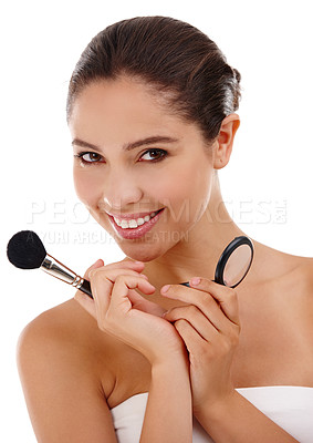 Buy stock photo Portrait of a beautiful woman holding her blusher ijn a studio