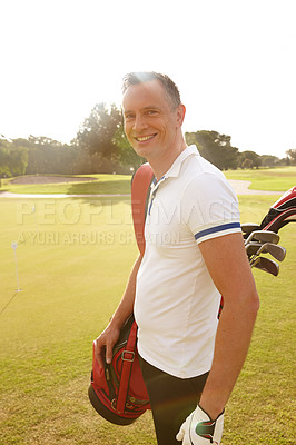 Buy stock photo Man, portrait and golf course for professional sport and happy golfer for training or fitness on field. Athlete, smile or face with golfing equipment for game, hobby or outdoor for exercise in nature