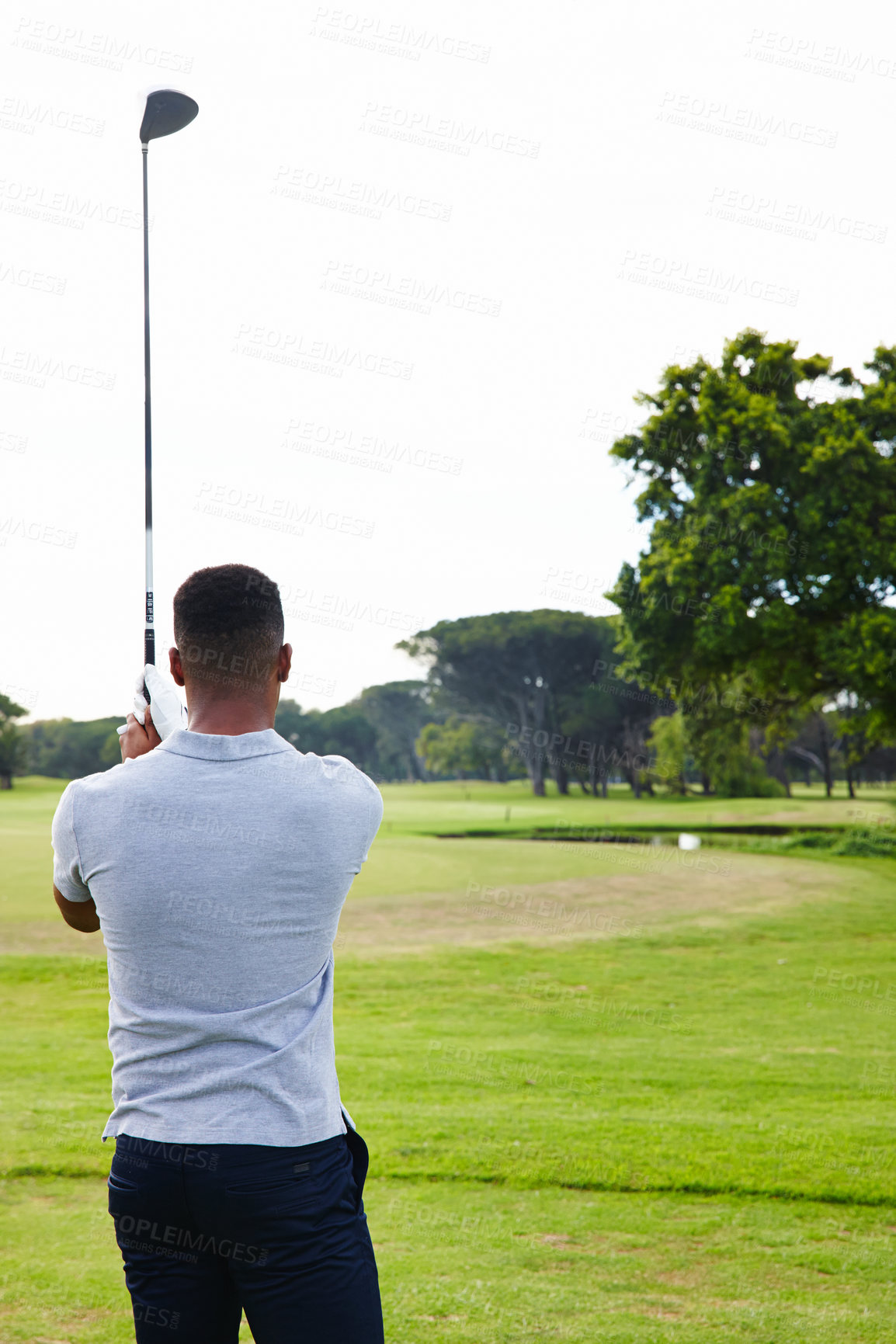 Buy stock photo Man, golfer and back with club on golf course for game, match or outdoor sport on green grass or field in nature. Rear view of male person or player on lawn for hole, competition or fairway on mockup