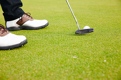 Buy stock photo Feet, club and golf ball for sports on field, training and practice for competition or tournament. Closeup, shoes and grass for outdoor challenge and exercise, person and professional athlete on lawn