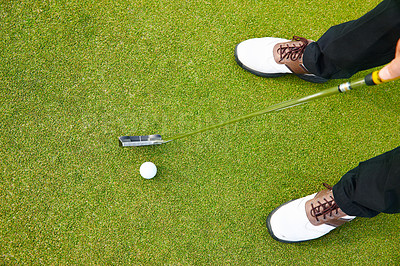 Buy stock photo Feet, club and golf ball for practice on field, training and driver for competition or tournament. Closeup, top view and grass for outdoor challenge and exercise, person and athlete for contest