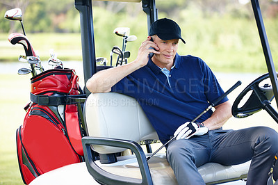 Buy stock photo Man, phone call and talking in golf cart for networking, communication and planning for schedule. Male person, talking and athlete outdoors on tech, golfer and sports on field or training on lawn