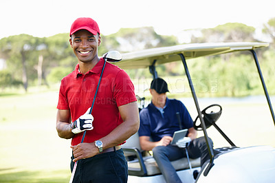 Buy stock photo Man, golf and portrait for sports, fitness and exercise for hobby in summer outdoor. Golfer or happy person with equipment and friend for adventure on field for activity and game on vacation 

