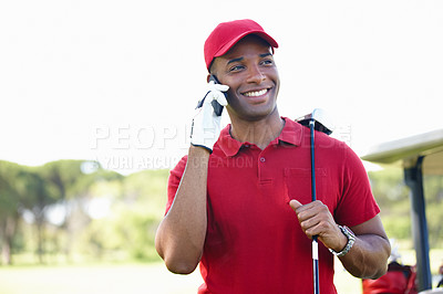 Buy stock photo Man, phone call and conversation on golf course, communication and plan for training. Black male person, talking and athlete for networking outdoors, golfer and sports connection or speak on tech
