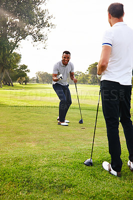 Buy stock photo Friends, men and playing on golf course for leisure, happy and celebrating a swing shot on field. Golfer, success and outdoor for practice with ball, diversity or performance in golfing tournament