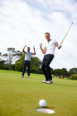 Buy stock photo Excited man, friends and golfer with winner for goal in hole on  the green grass or outdoor field in nature. Male person or people in celebration on golf course for winning, victory or ball on target