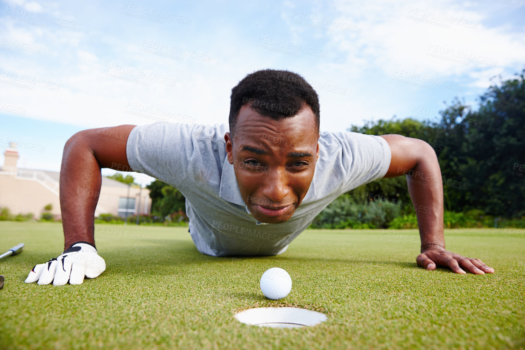 Buy stock photo Man, disappointed and miss hole in golf, sad for fail or loss with expression on face and sport competition. Mistake, disaster and challenge with ball on grass, African athlete  and lose game outdoor