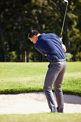 Buy stock photo Man, golf and club for sports and swing for fitness, practice and hobby in summer outdoor. Golfer or mature male with equipment on field for game challenge, recreation and workout in bunker on trip