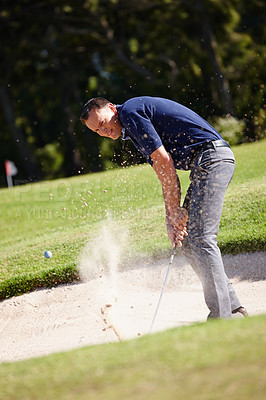 Buy stock photo Man, golf and ball with sand outdoor, action and energy with club for game, competition and person. Challenge, exercise and professional athlete with training, performance and sports for leisure