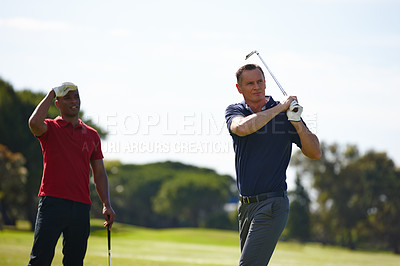 Buy stock photo Men, sports and golf stroke outdoor for competition on green grass for training or exercise. People, athlete and golfer with club driver on lawn for professional contest or international match 