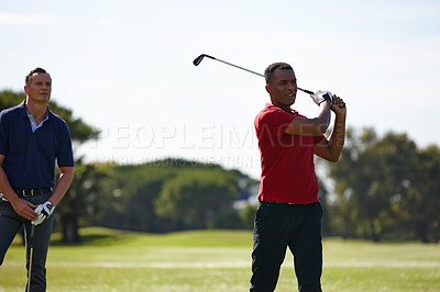 Buy stock photo Friends, men and sport with golf swing for driver training on grass or lawn for recreation at country club. Golfer, Athlete and stroke practice for cardio exercise, hobby and fitness at green field