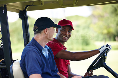 Buy stock photo Golf cart, athlete and man driving golf cart on outdoor sports field for healthy, enjoy and exercise. Male people, training and sit in golf cart outside for fitness, fun and friendly competition