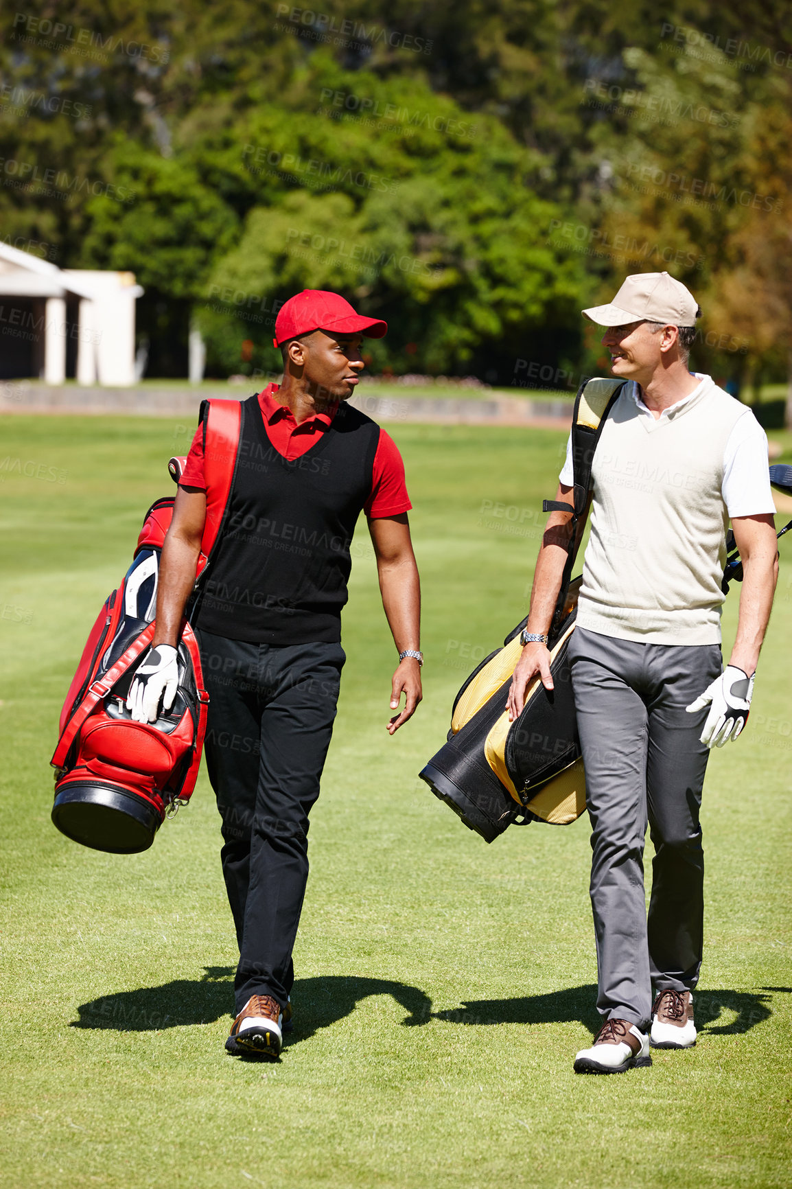 Buy stock photo Walking, course and people outdoor for golf, game and training together at club in summer. Golfer, friends and men on grass turf in park with happiness from practice of sport in healthy competition