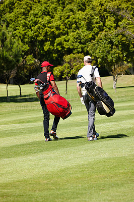 Buy stock photo People, walking and outdoor on course for golf, game and training at club in summer with coach. Golfer, personal trainer and talking on grass turf about practice of sport with healthy competition