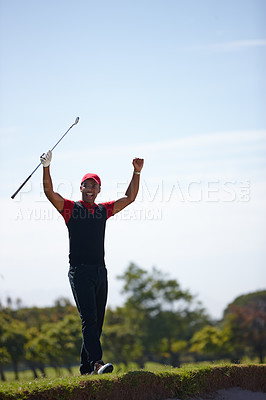 Buy stock photo Excited man, celebration and golfer with fist pump for winning, victory or shot in sand pit. Happy male person or sports player with smile for achievement, score or point on golf course on mockup