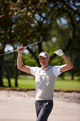 Buy stock photo Happy man, celebration and golfer with fist pump for winning, victory or shot in sand pit. Excited male person or sports player with smile for achievement, score or point on golf course in nature