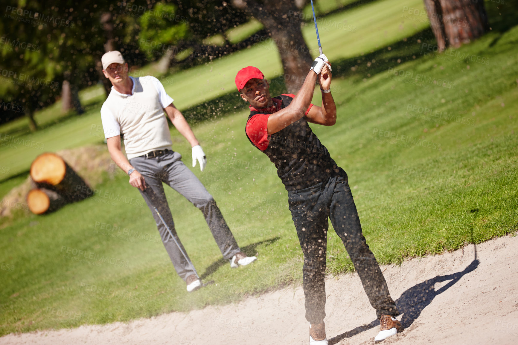 Buy stock photo Man, golfer and friends with club in sand pit for point, score or shot by grass field in nature. Male person, people or sports player hitting ball out of dirt on golf course for outdoor game or match