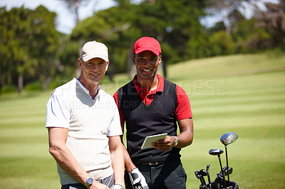 Buy stock photo Golf, technology and portrait of men on course for personal trainer with video for learning, coaching or planning. Diversity, tablet and happy people for sport, wellness or training on weekend