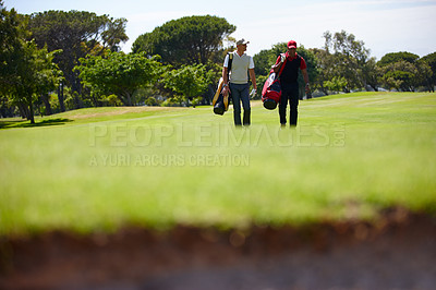 Buy stock photo Walking, course and people outdoor for golf, game and training together at club in summer. Golfer, friends and men on grass turf in park with happiness from practice of sport in healthy competition
