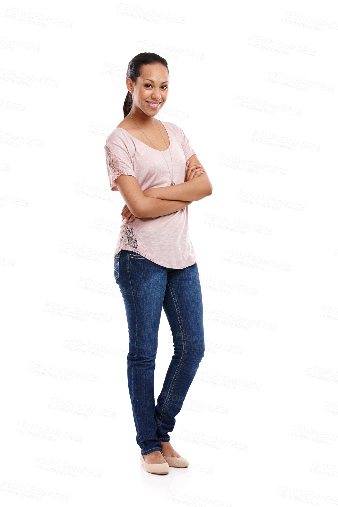 Buy stock photo Woman, arms crossed and studio portrait in white background of isolated pose. Happy female model, trendy fashion and casual outfit style standing with pride, motivation and happiness in confidence