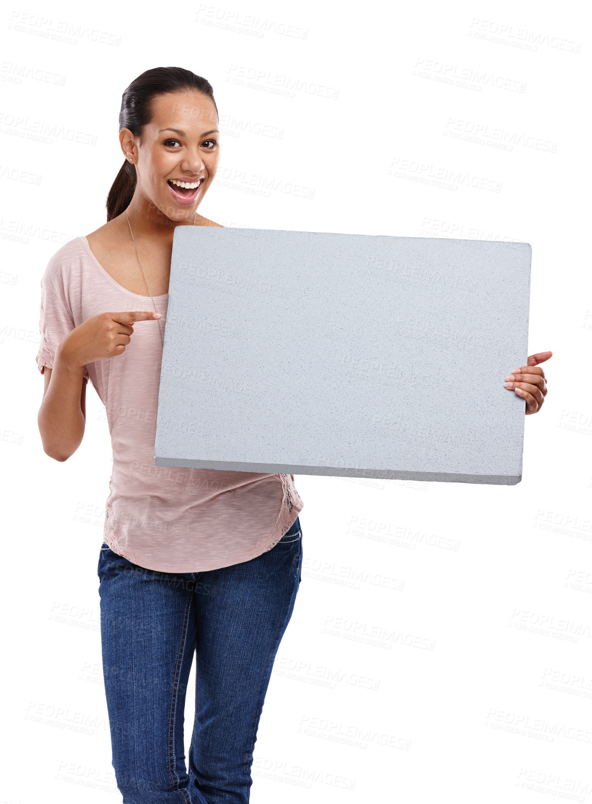 Buy stock photo Woman, studio and pointing with marketing billboard, smile and mock up by white background. Isolated black woman, mockup poster and happiness for branding, blank paper board and advertising portrait