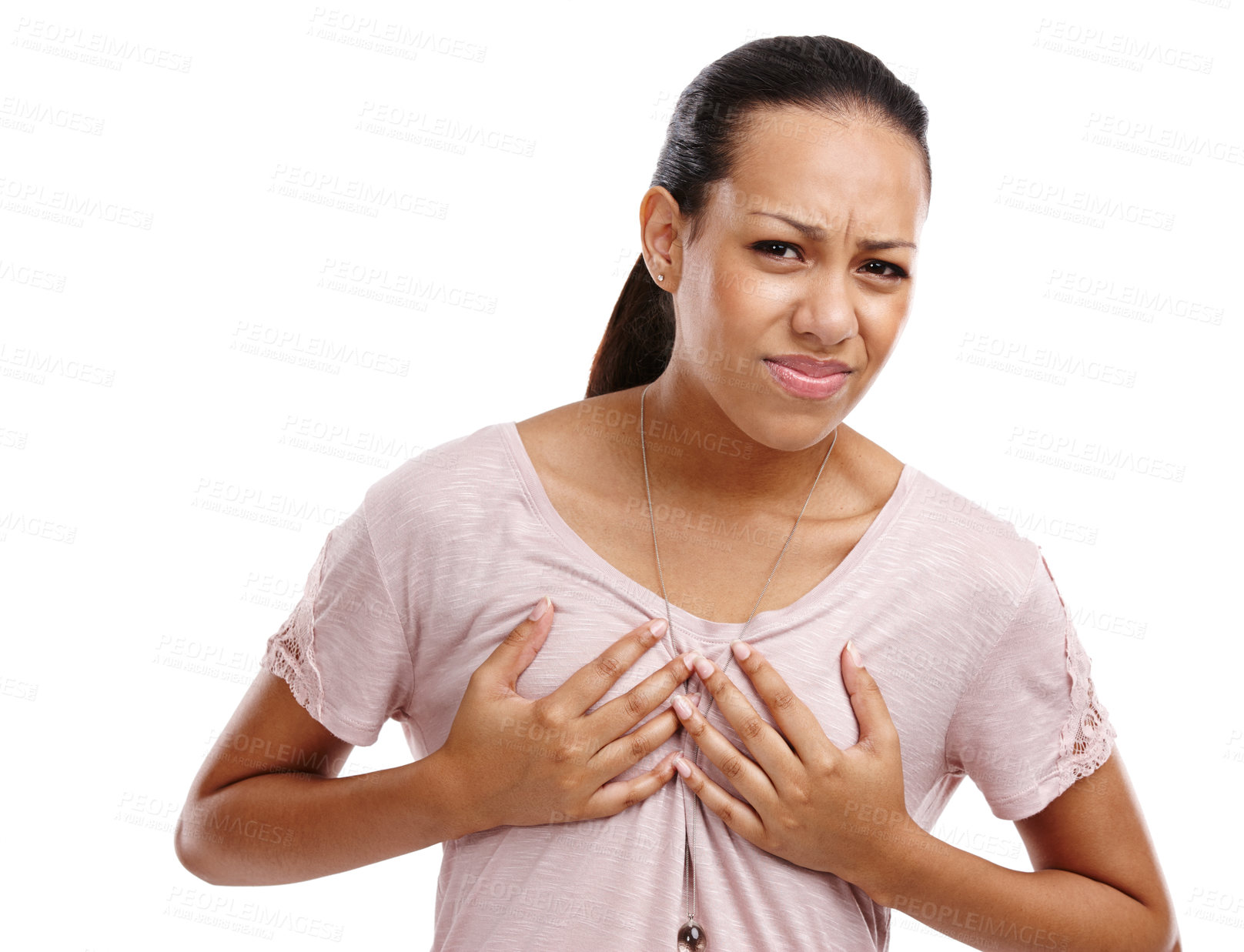 Buy stock photo Woman, breast cancer and holding chest in discomfort, pain or ache against a white studio background. Portrait of isolated young female clutching boobs touching painful area, sore or inflammation